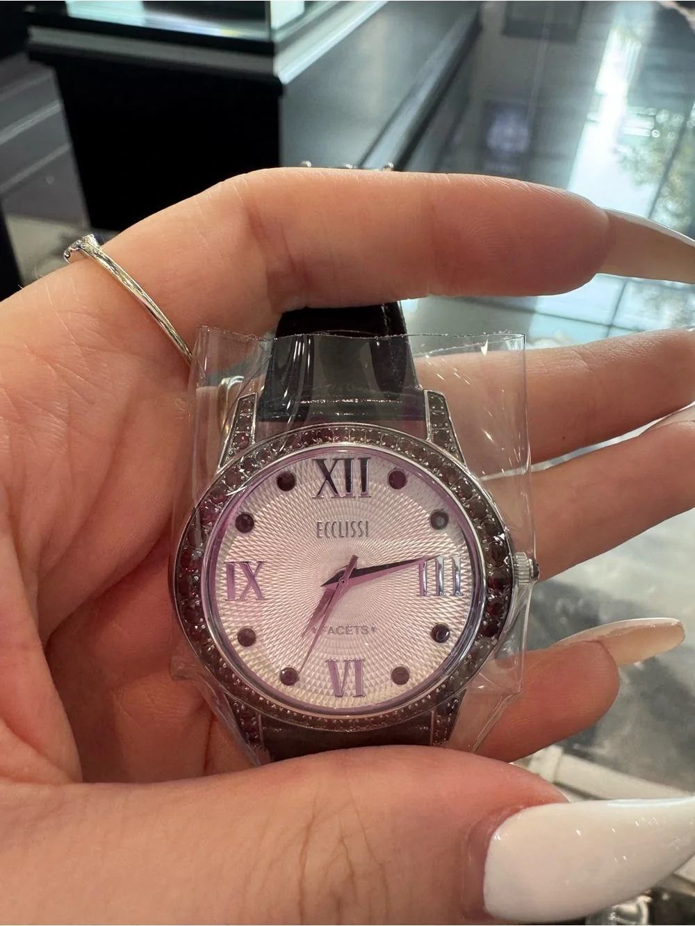 Ecclissi Facets Silver Watch Red Garnet Crystal Bezel Textured Dial Black Band